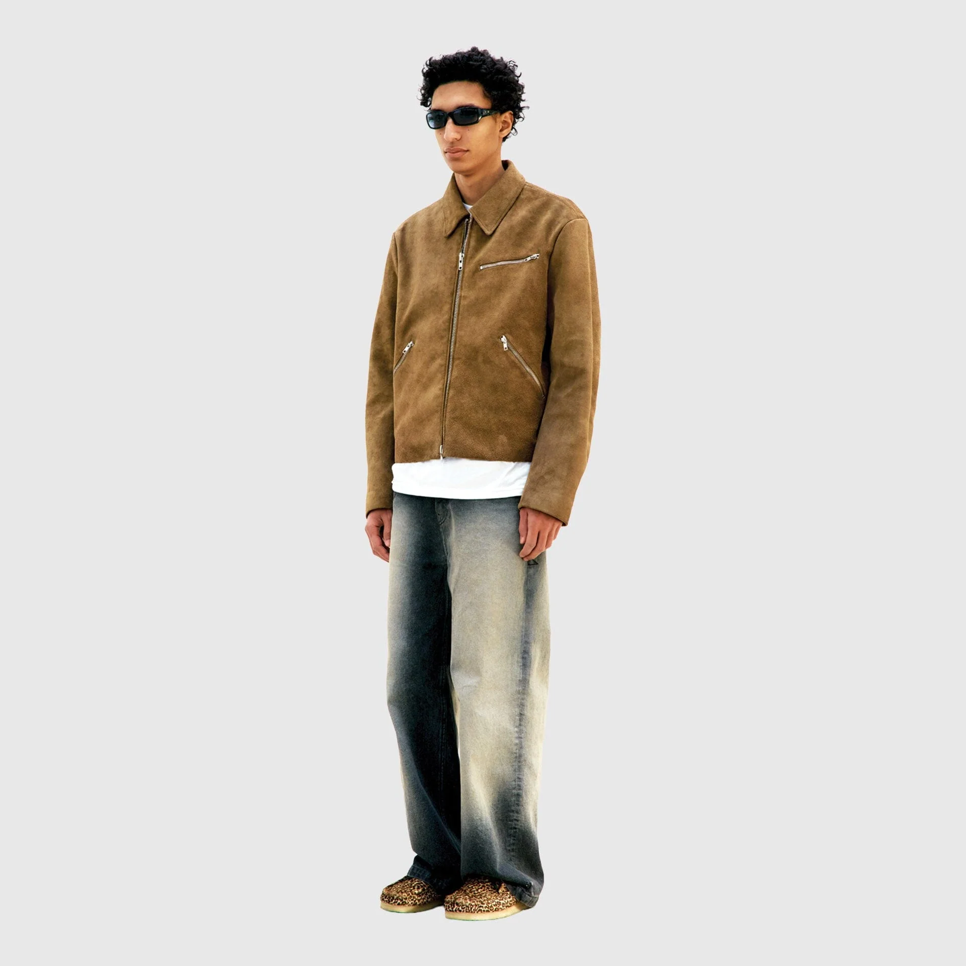 COOR - Buffalo Suede Multi Zip Washed Leather Jacket - Light Camel - Image 3